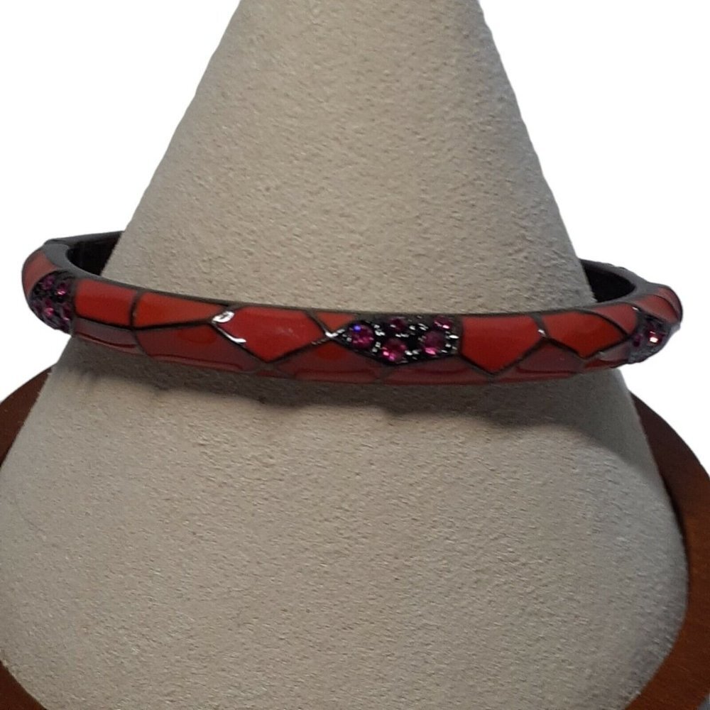 Enamel Bracelet Spring Hinge Closure Light Red with Pink Rhinestones
